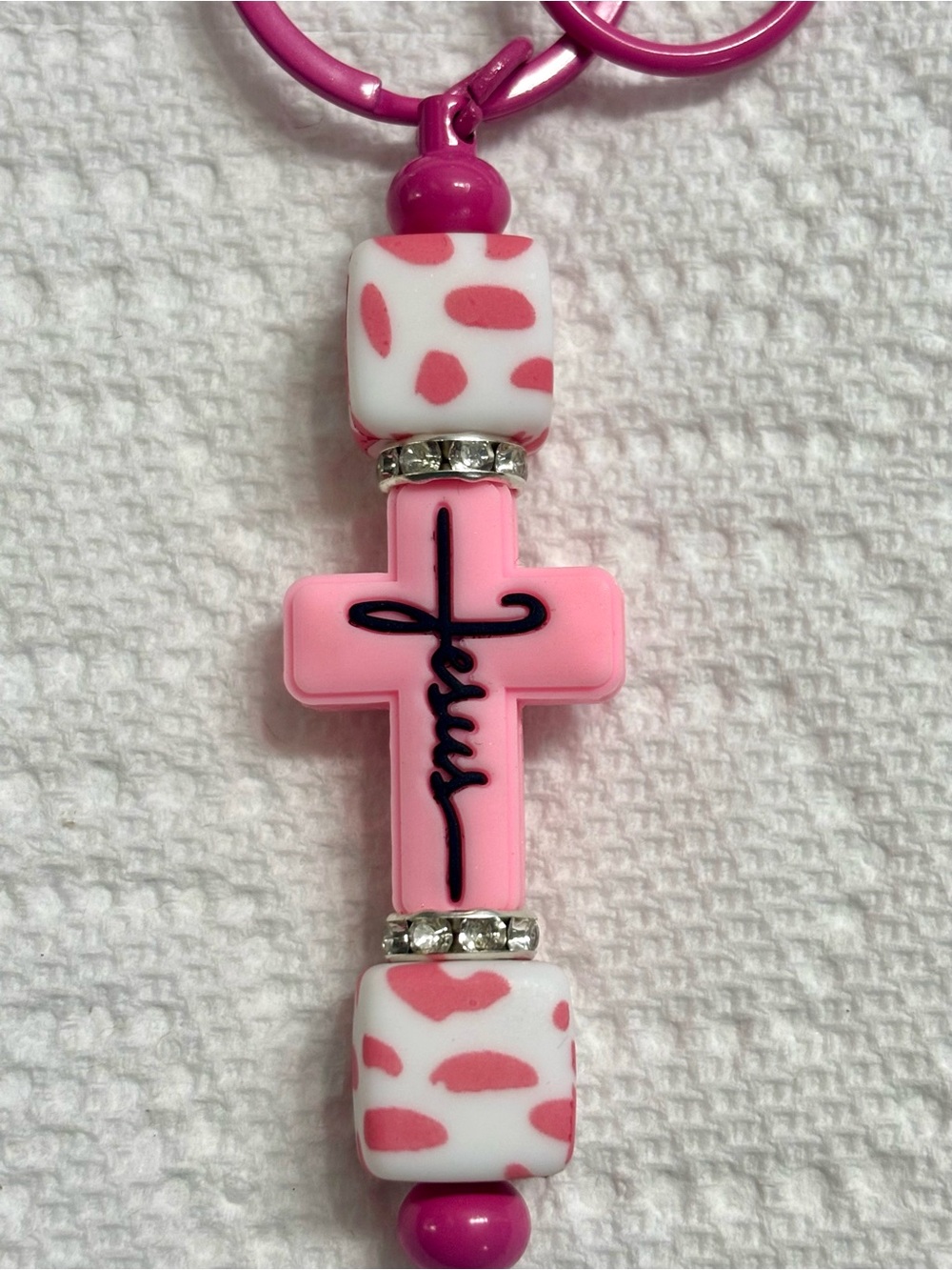 NIP Pink 'Jesus' Cross Keychain Charm